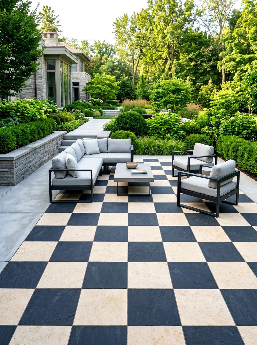 Checkerboard Paver Patio - 30 outdoor chess garden ideas
