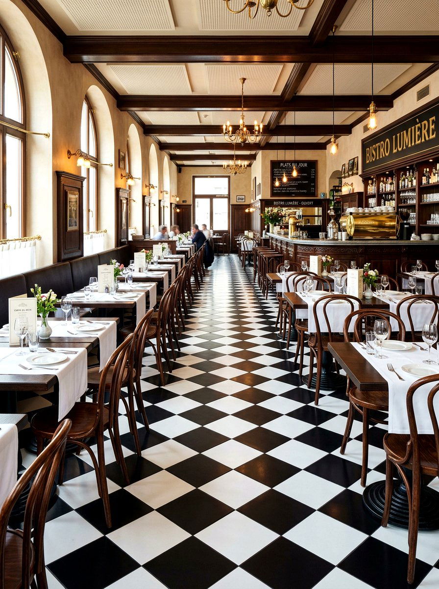 Checkerboard floor design - 30 boutique restaurant dining ideas