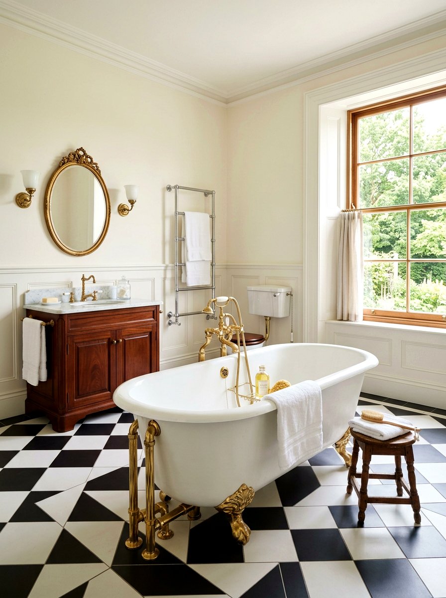 Checkerboard floor with clawfoot tub - 30 checkerboard bath floor ideas