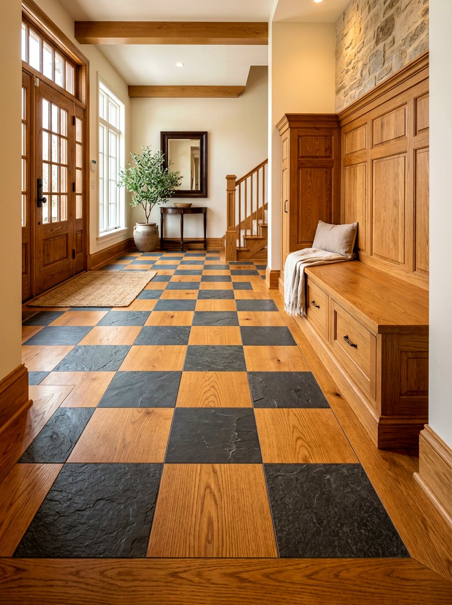 Checkerboard floor with wood accents - 30 checkerboard foyer floor ideas