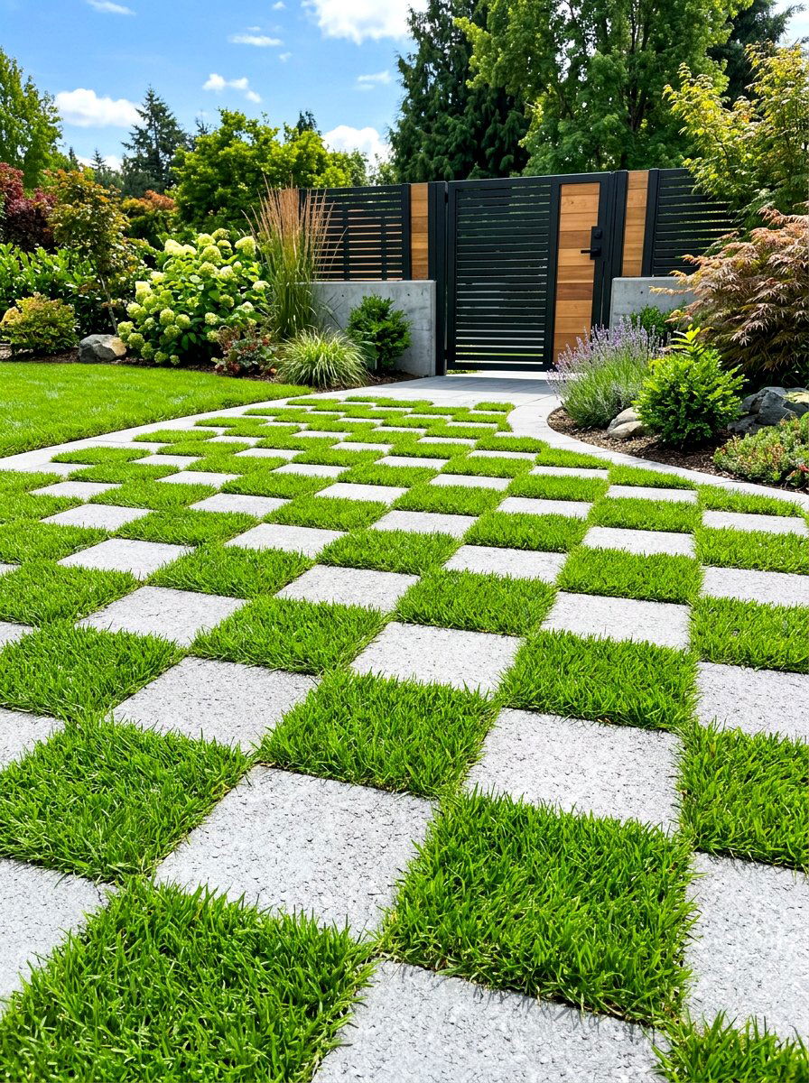 Checkerboard grass paver - 30 modern garden ideas