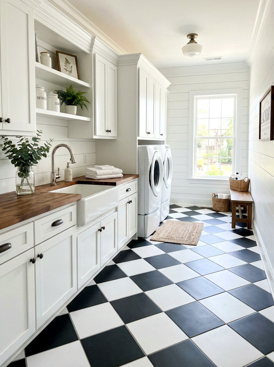 Checkerboard laundry floor tile - 30 farmhouse laundry room ideas