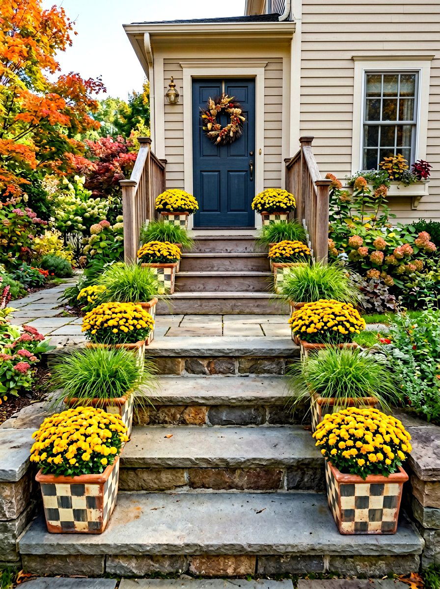 Checkerboard pattern mum and grass arrangement - 30 autumn planter ideas
