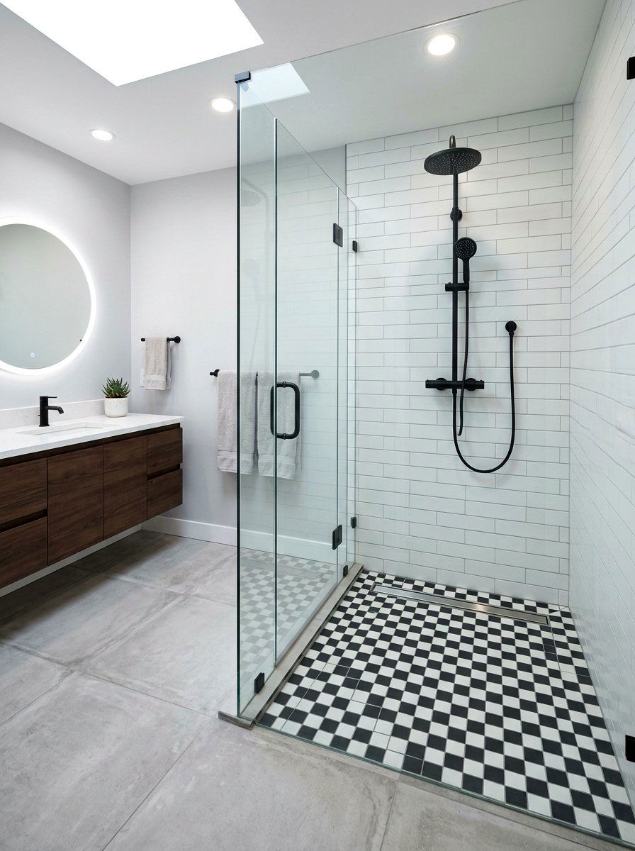Checkerboard pattern shower floor tile - 30 checkerboard bath floor ideas