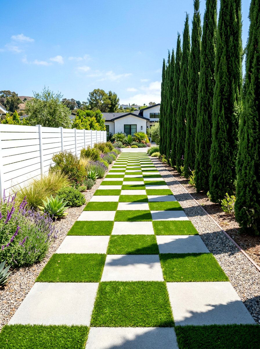 Checkerboard paver path - 30 narrow side yard path ideas