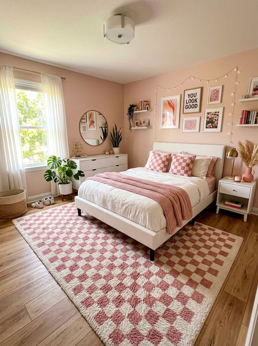 Checkerboard print bedroom - 30 soft girl room ideas
