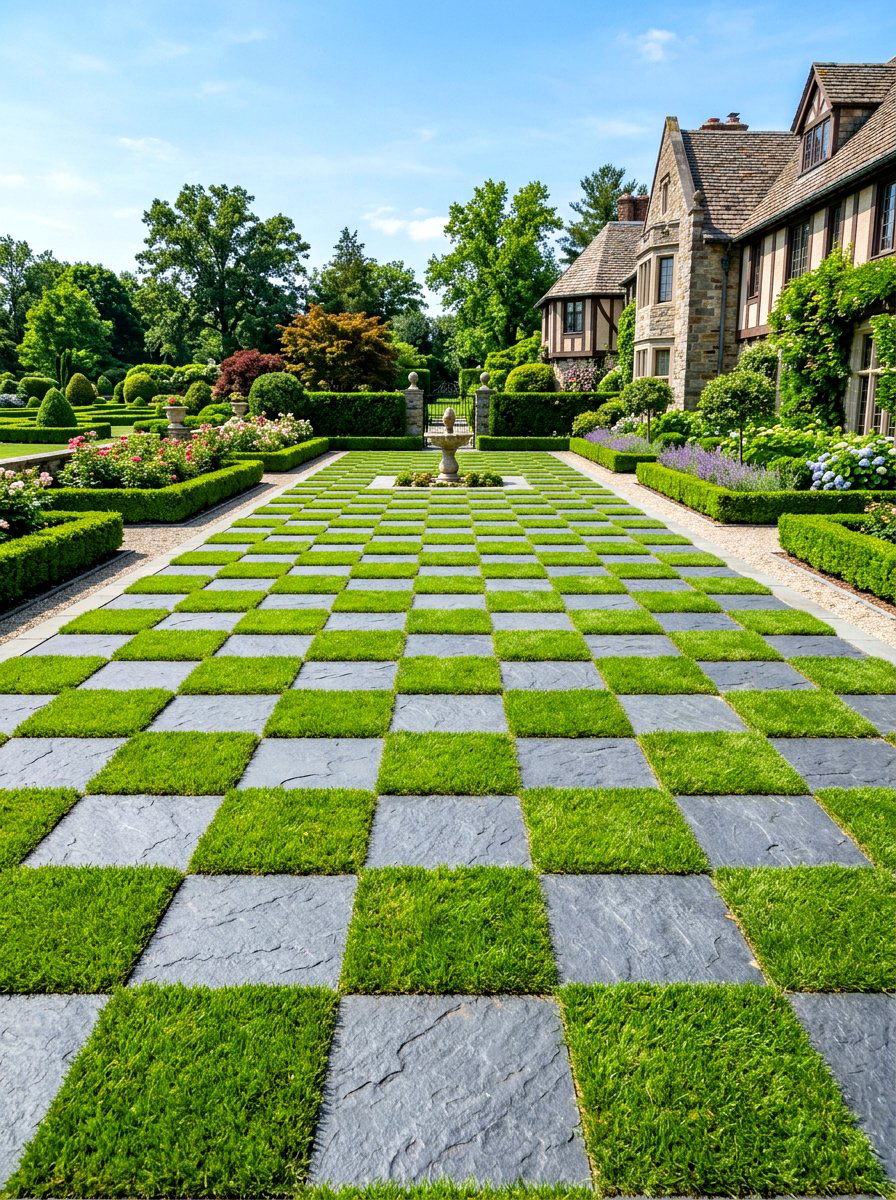 Checkerboard stone patio pattern - 30 long narrow backyard ideas