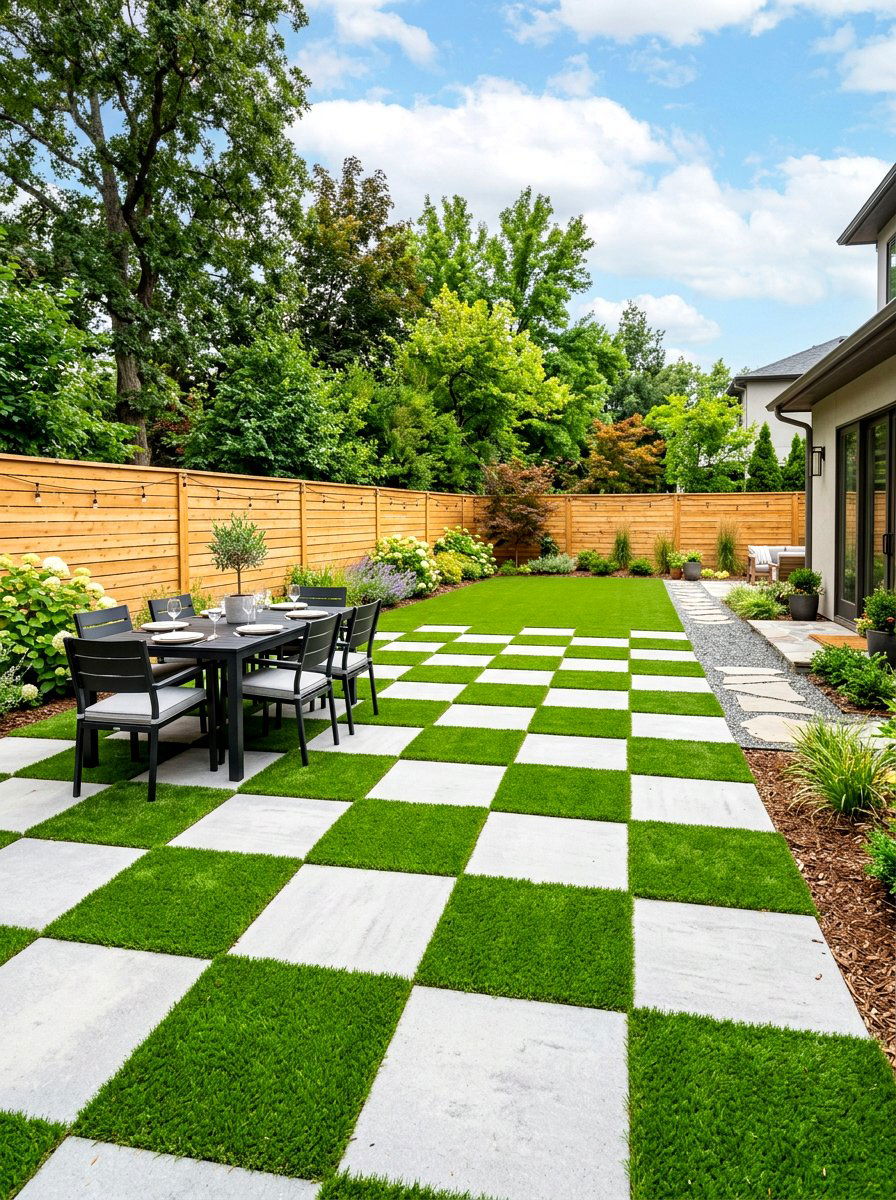 Checkerboard turf and stone - 30 artificial turf backyard ideas