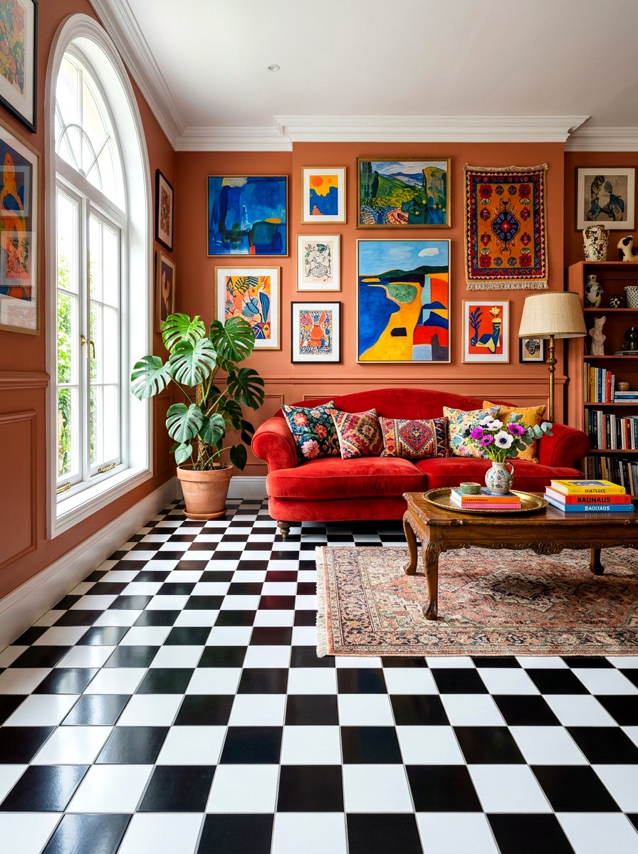 Checkered Floor Pattern - 30 playful maximalist living room ideas