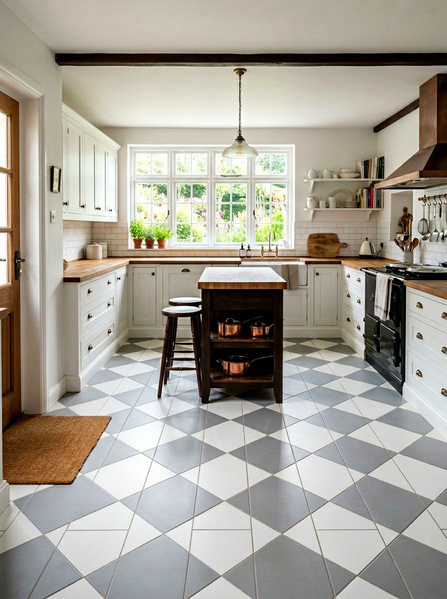 Checkered Floor Tile - 30 vintage farmhouse kitchen ideas