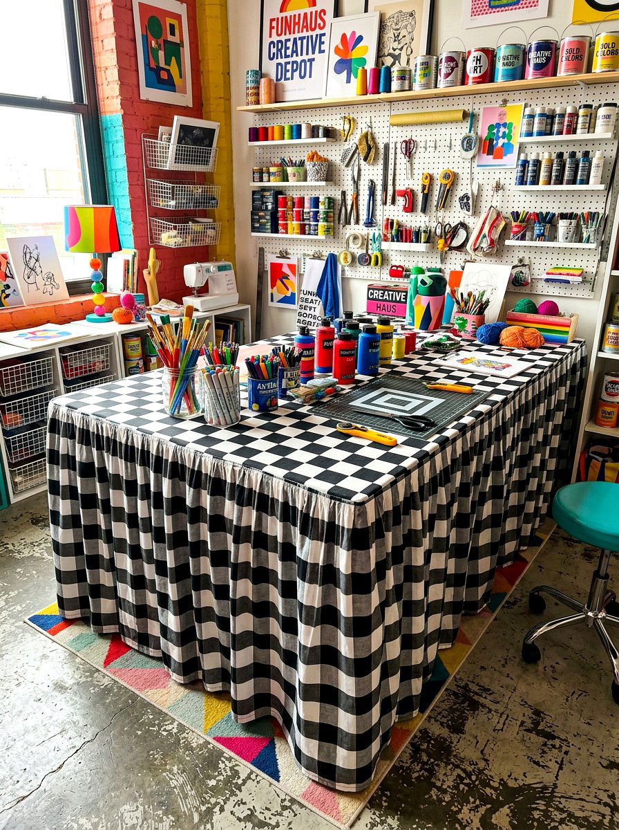Checkered Pattern Utility Table - 30 skirted table ideas