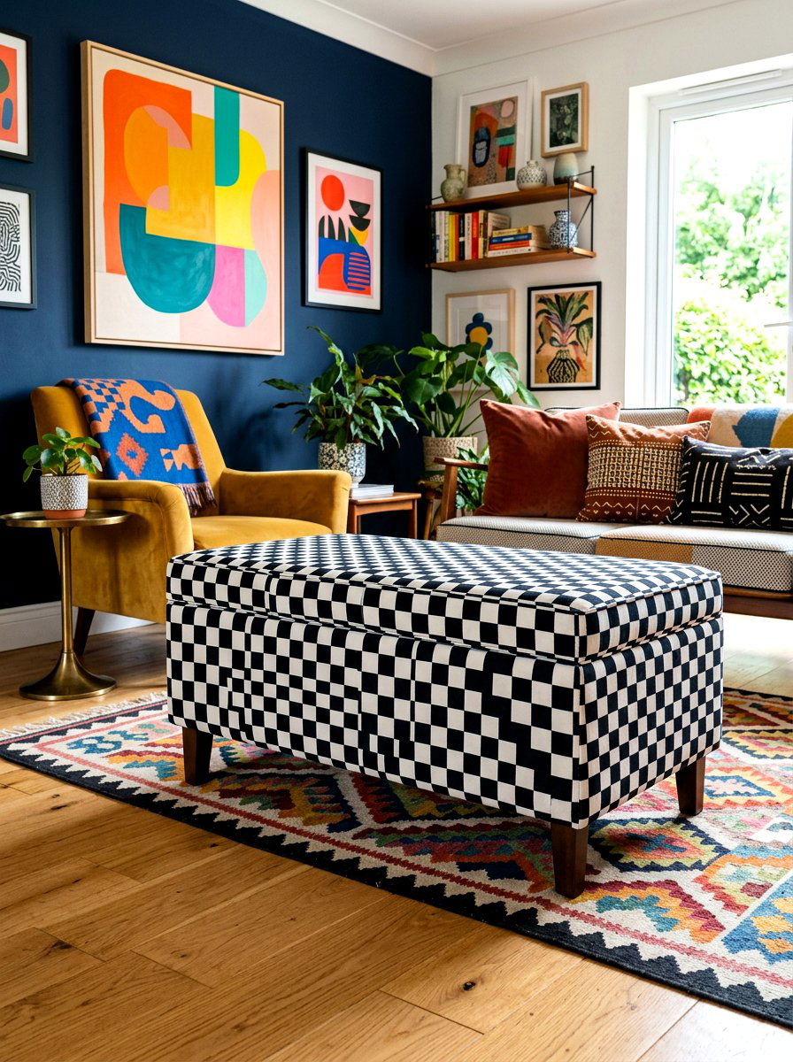 Checkered Velvet Storage Ottoman - 30 hidden ottoman storage ideas