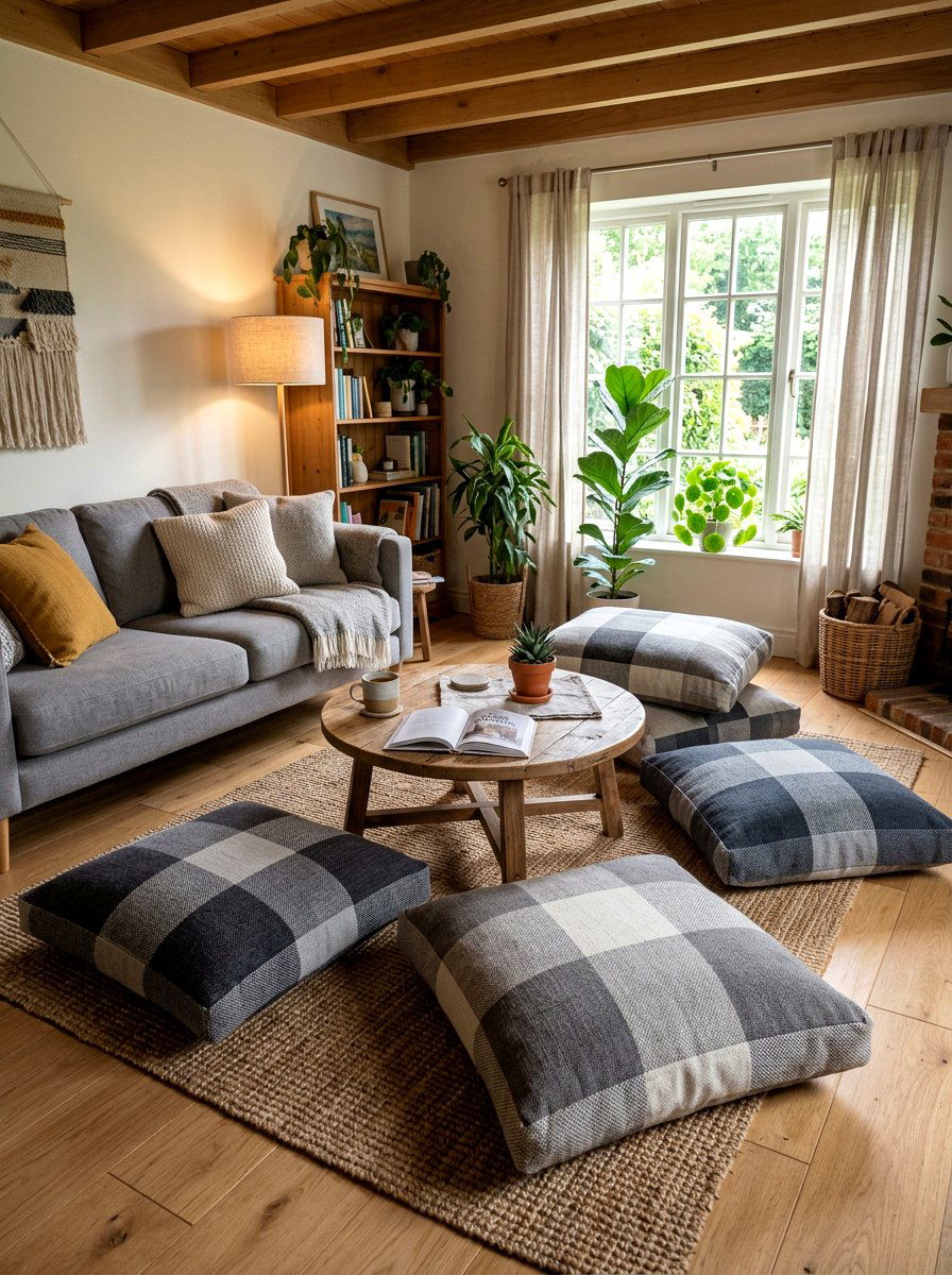 Checkered floor cushions - 30 gingham decor ideas