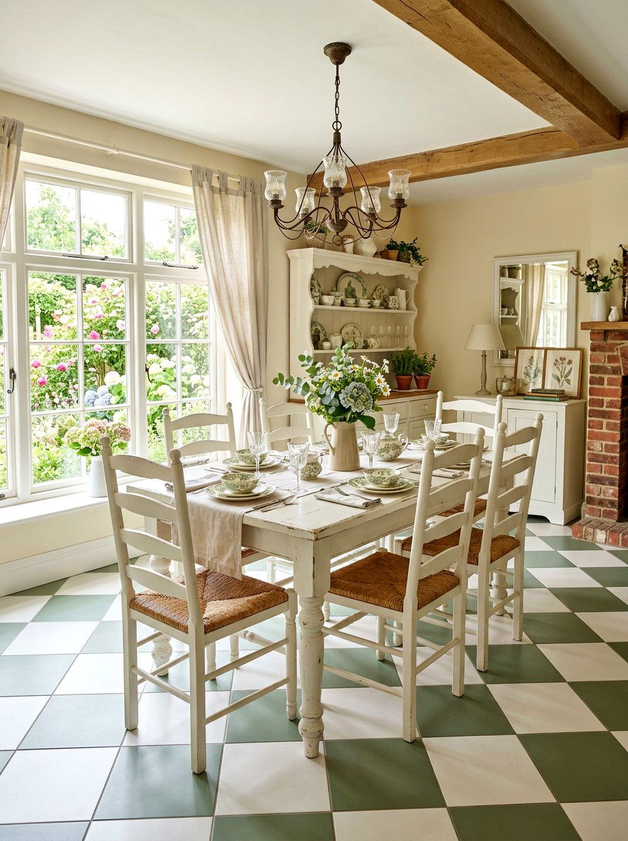 Checkered floor tiles in sage green - 30 cabbagecore dining room ideas