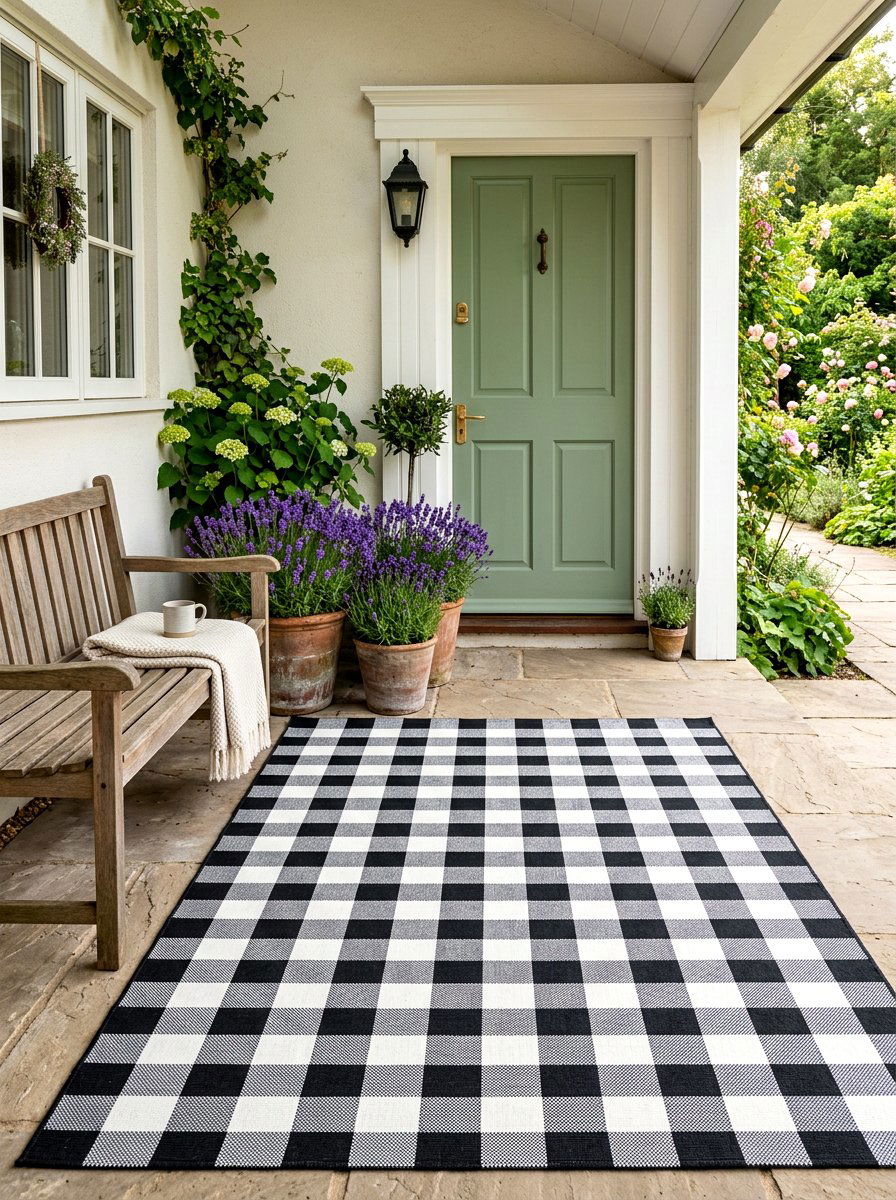 Checkered outdoor rug - 30 charming stoop decor ideas