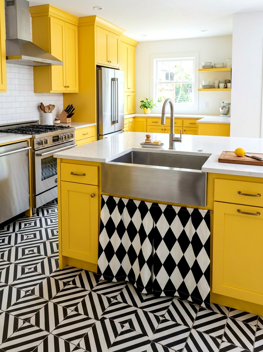 Checkered sink skirt fabric - 30 skirted sink ideas