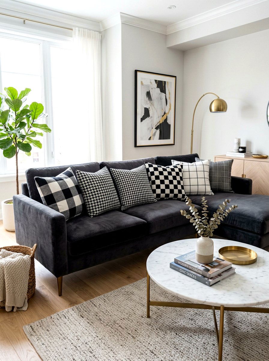 Checkered throw pillows sofa - 30 checkerboard decor ideas