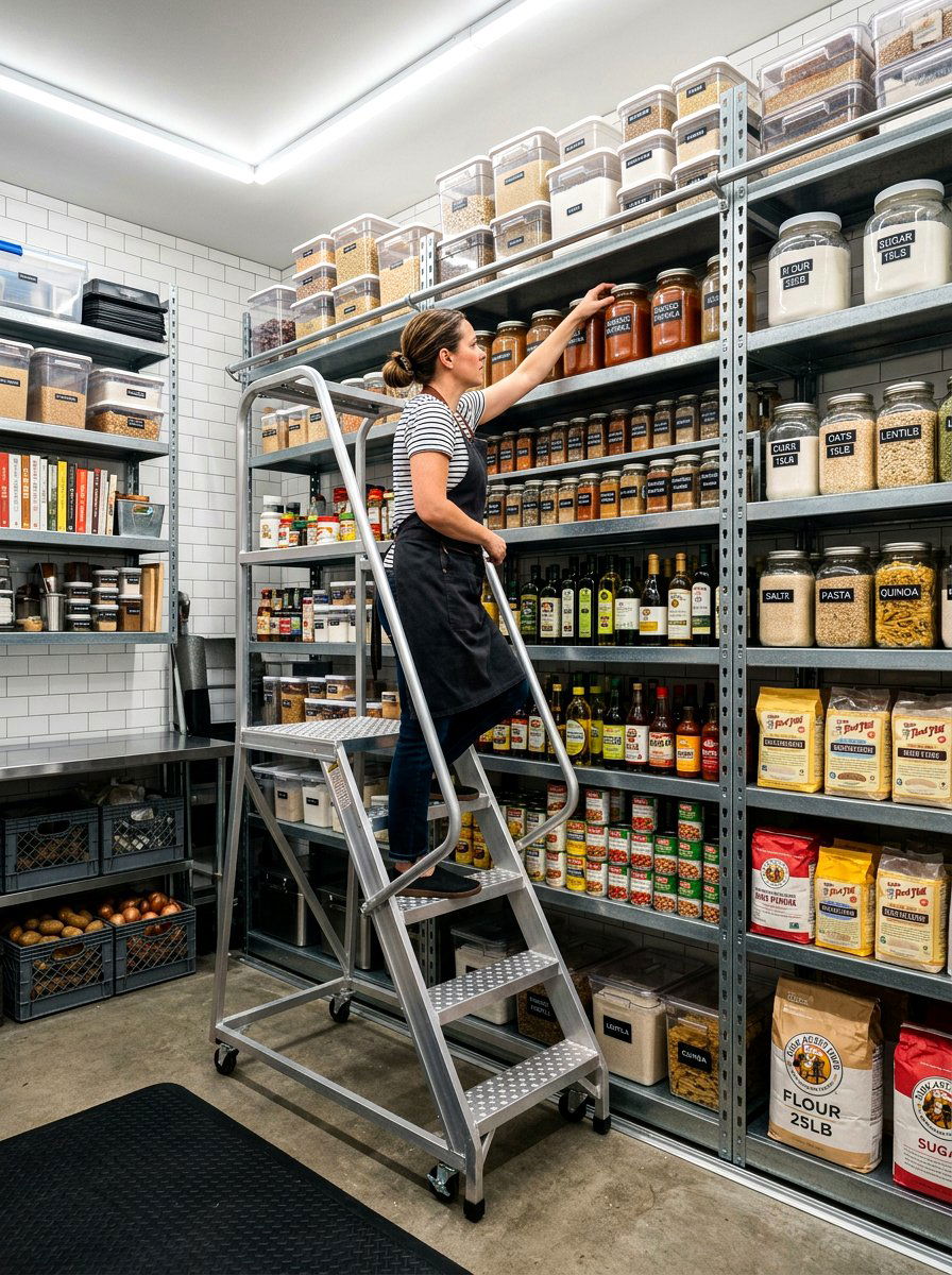 Chefs Pantry With Heavy Duty Rolling Ladder - 30 pantry with library ladder ideas