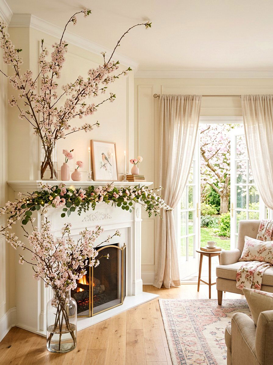 Cherry Blossom Branch Mantel - 30 spring mantel styling ideas