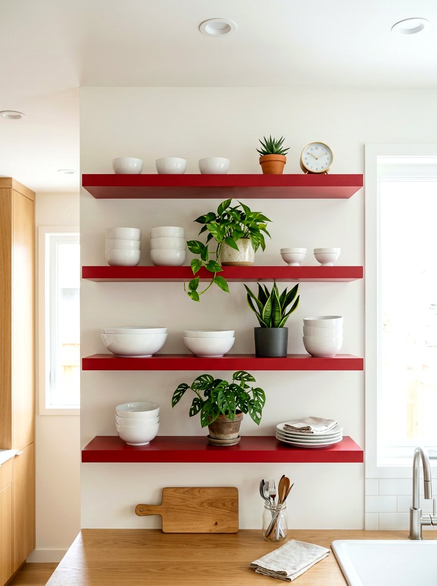 Cherry Red Kitchen Floating Shelves - 30 cherry red kitchen ideas