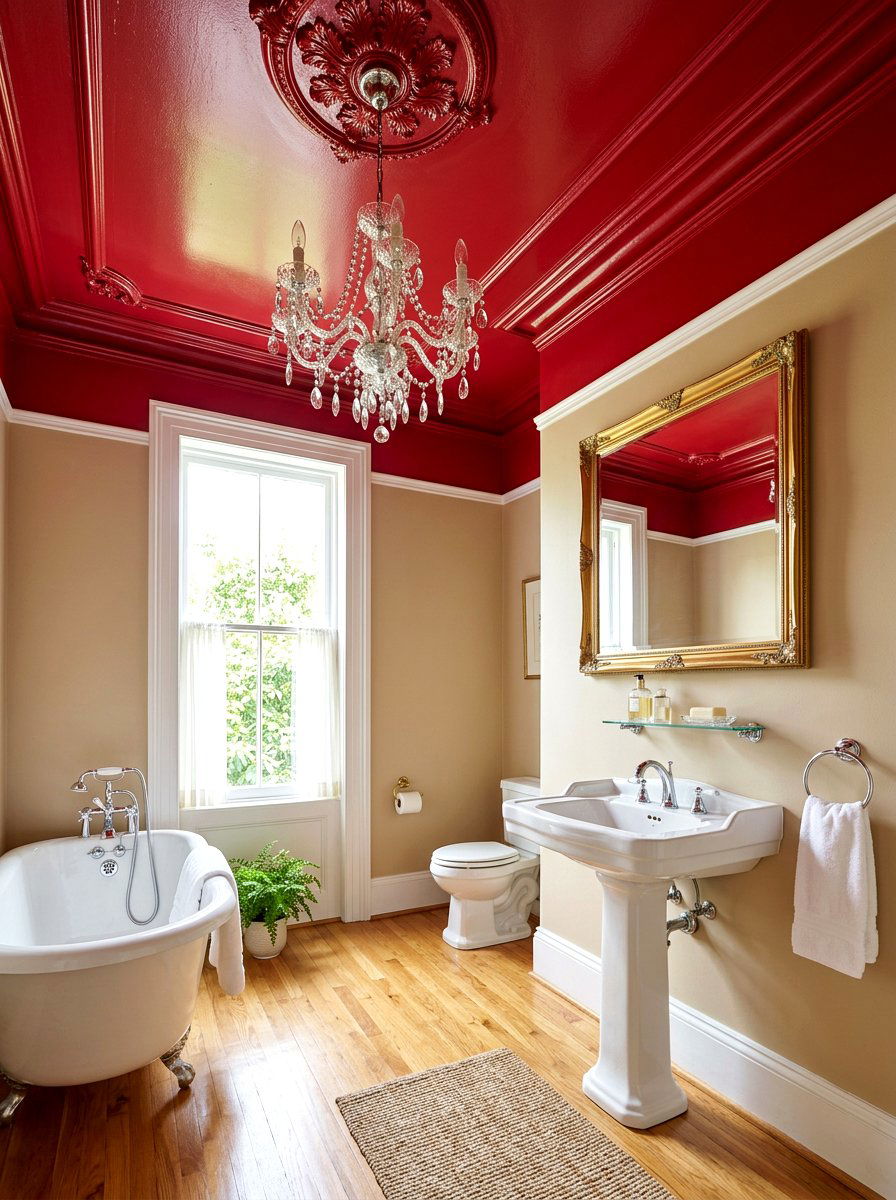 Cherry Red Painted Ceiling Bathroom - 30 cherry red powder room ideas