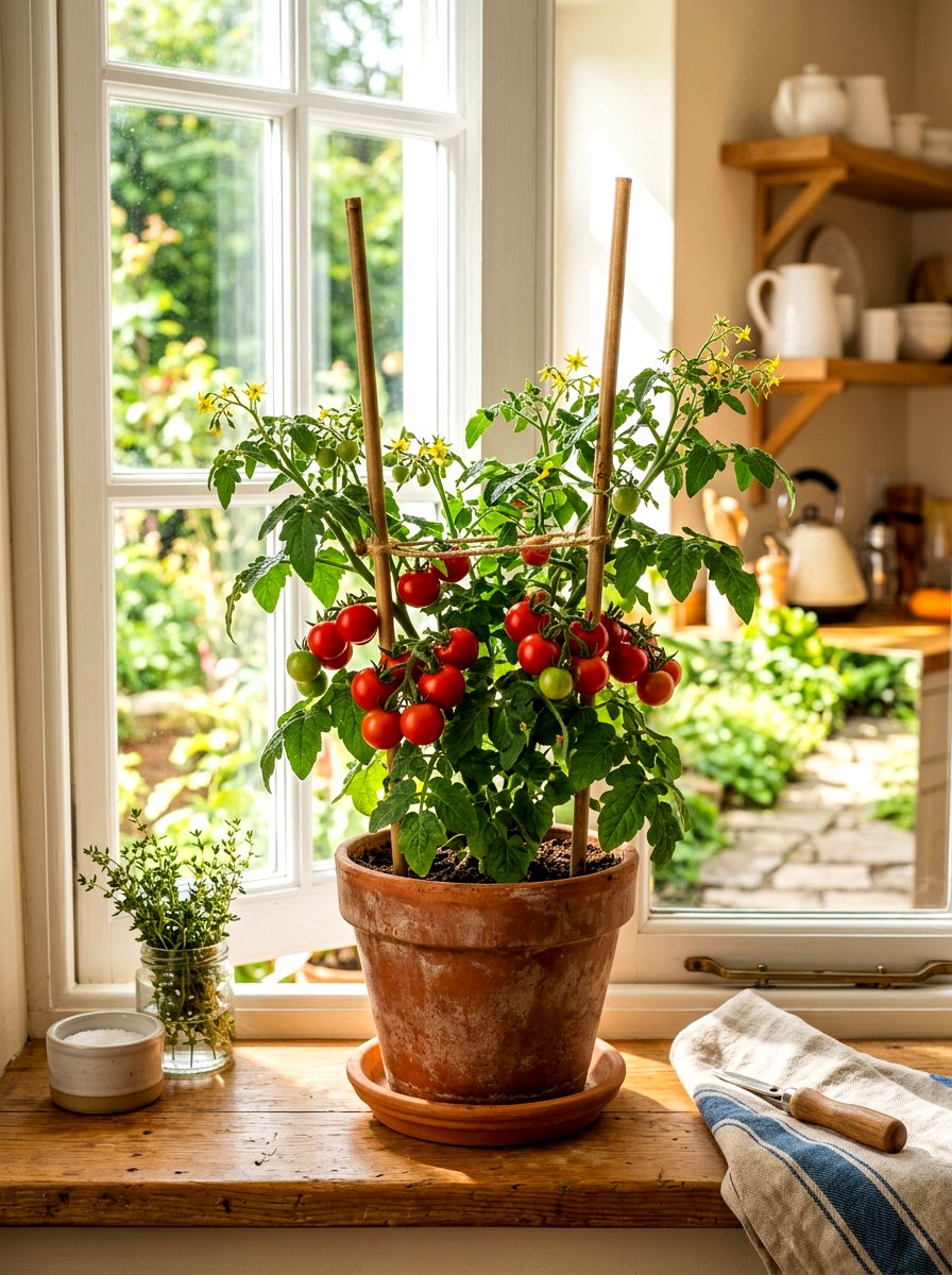 Cherry Tomato Plant In Sunny Window - 30 windowsill vegetable garden ideas