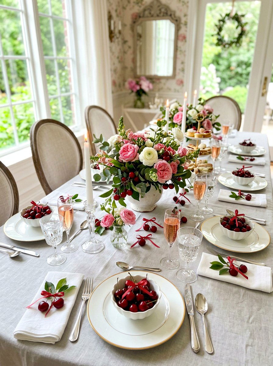 Cherry and Ribbon Festive Table - 30 fruit market tablescape ideas