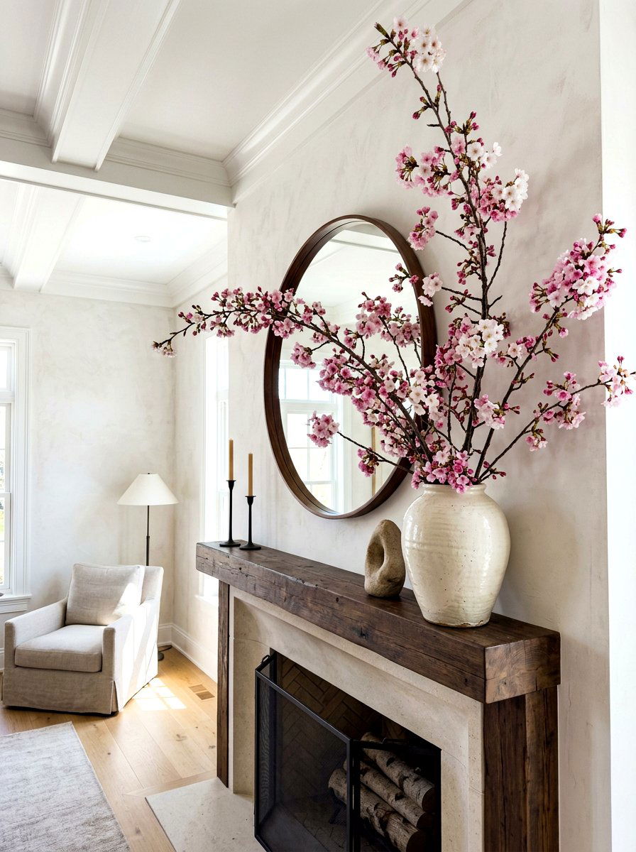 Cherry blossom branch mantel - 30 spring mantel decor ideas