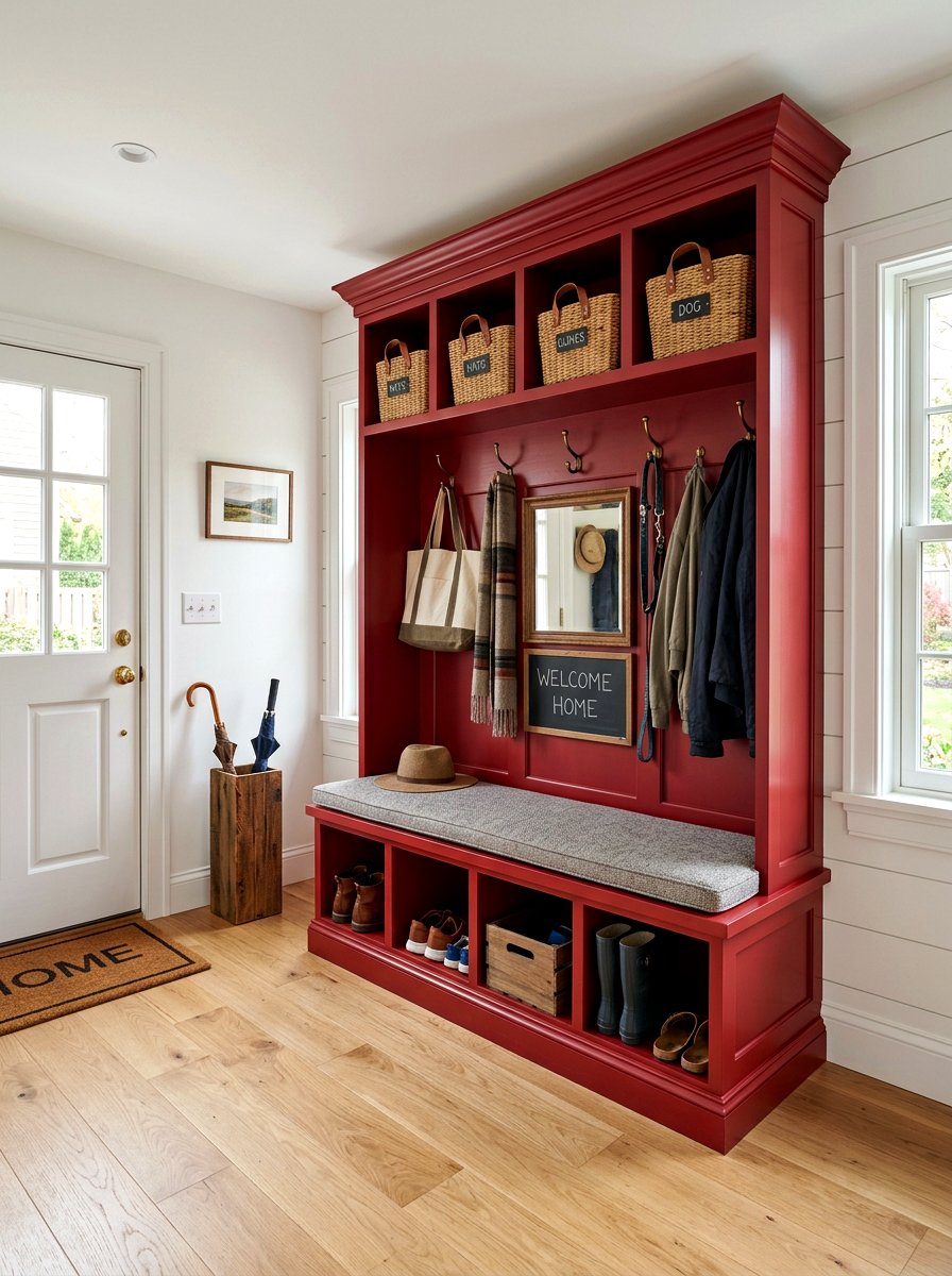 Cherry red mudroom bench - 30 cherry red decor ideas