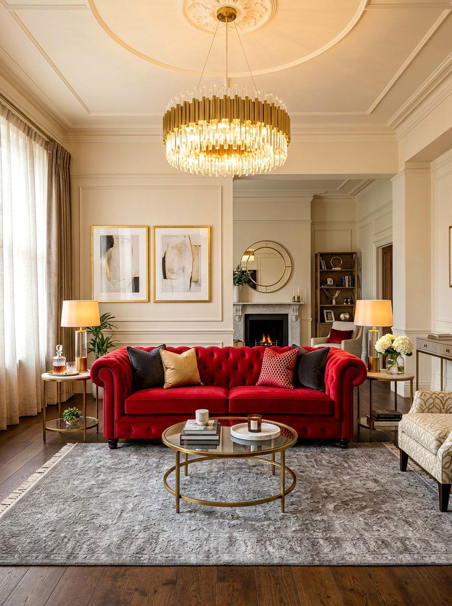Cherry red velvet sofa - 30 cherry red decor ideas