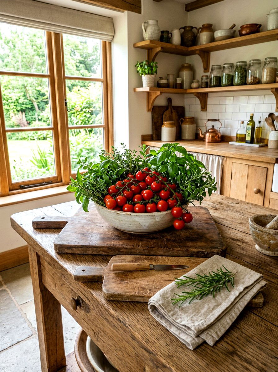 Cherry tomato and herb centerpiece - 30 fruit and floral tablescape ideas