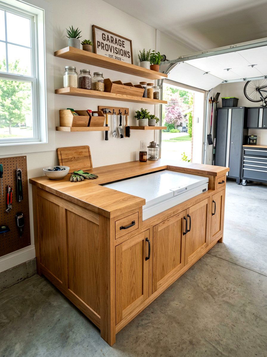 Chest freezer with wood surround - 30 garage freezer corner ideas