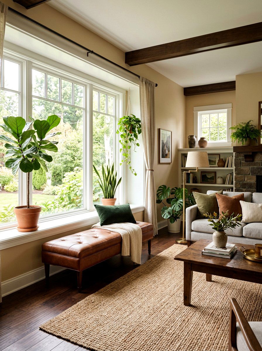 Chestnut leather bench - 30 tonal brown living room ideas