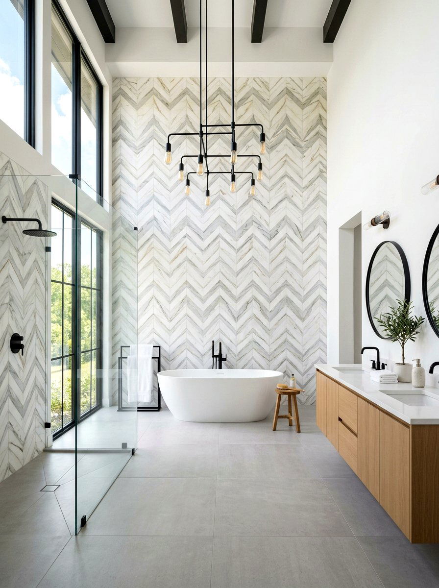 Chevron Marble Wall - 30 mosaic marble bathroom ideas