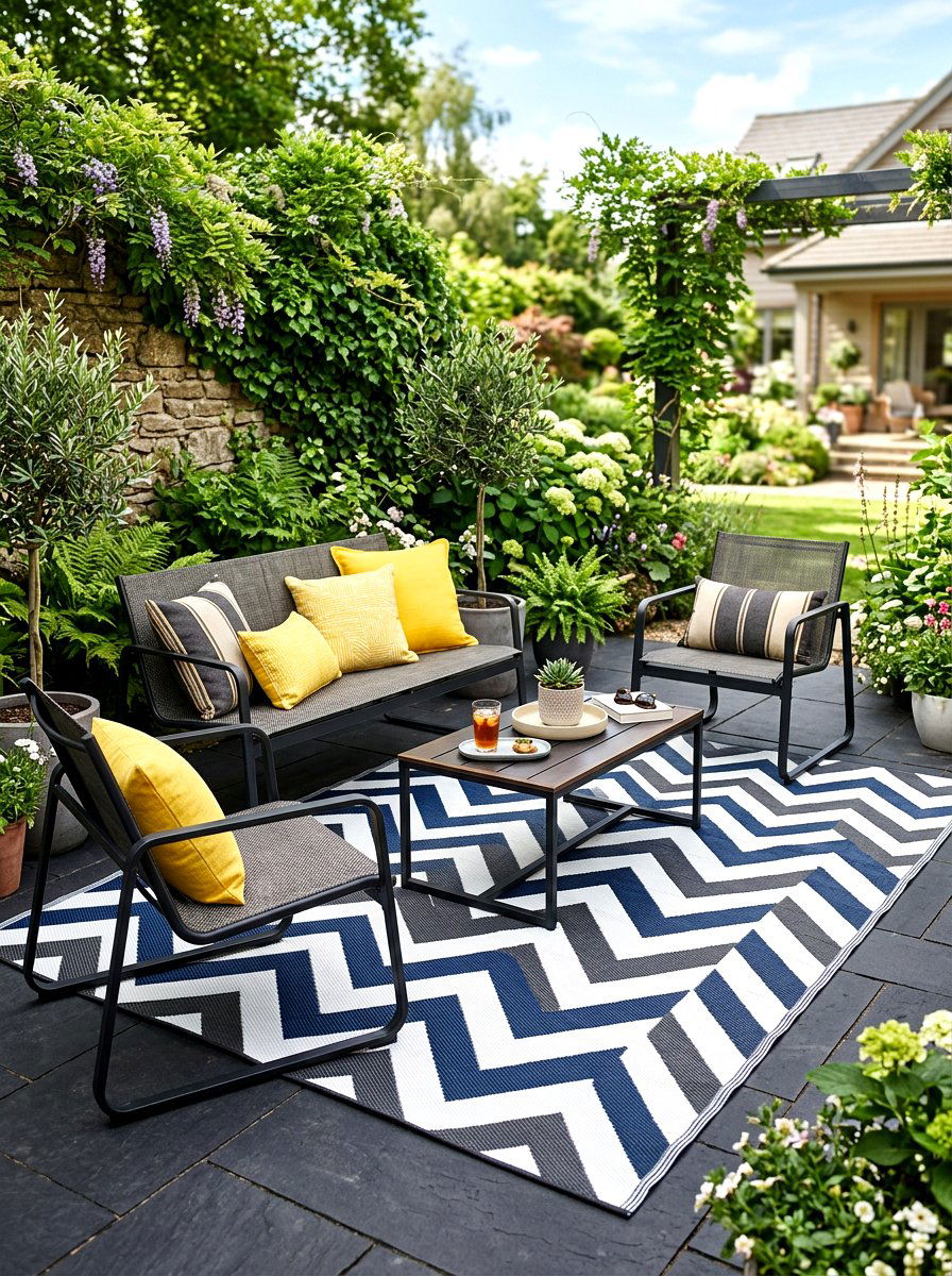 Chevron Pattern Over Dark Charcoal Rug - 30 layered outdoor rug ideas