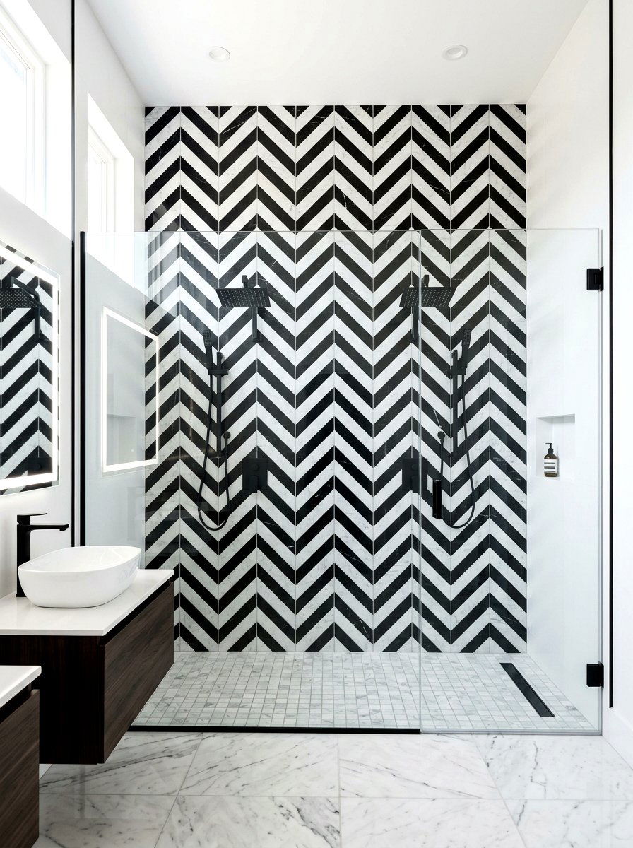 Chevron Pattern Shower Wall - 30 double shower wall ideas