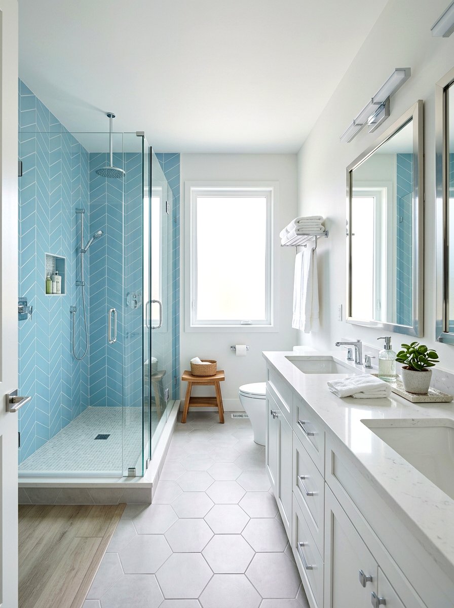Chevron Pattern White Grout - 30 light grout bathroom ideas