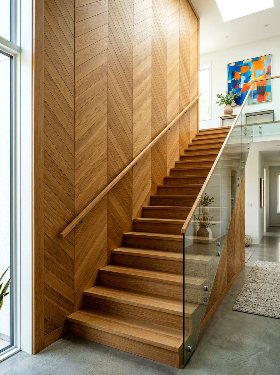 Chevron Pattern Wood - 30 staircase wall panel ideas