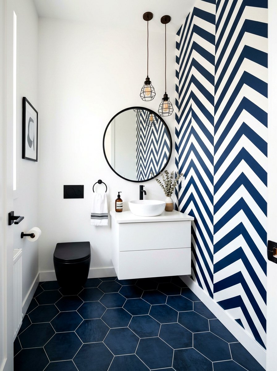 Chevron Style Diagonal Stripe Bathroom - 30 stripe powder bath ideas