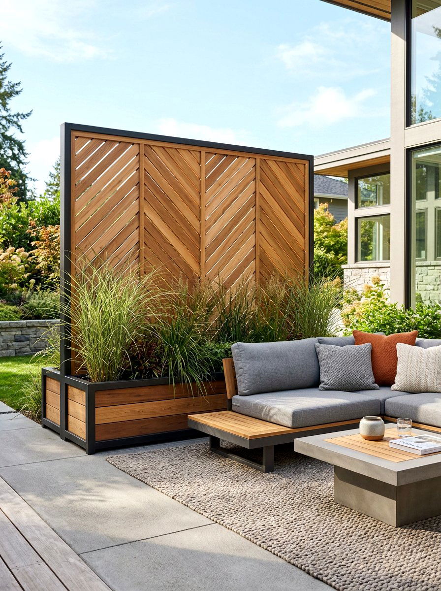 Chevron pattern wood screen - 30 privacy planter screen ideas