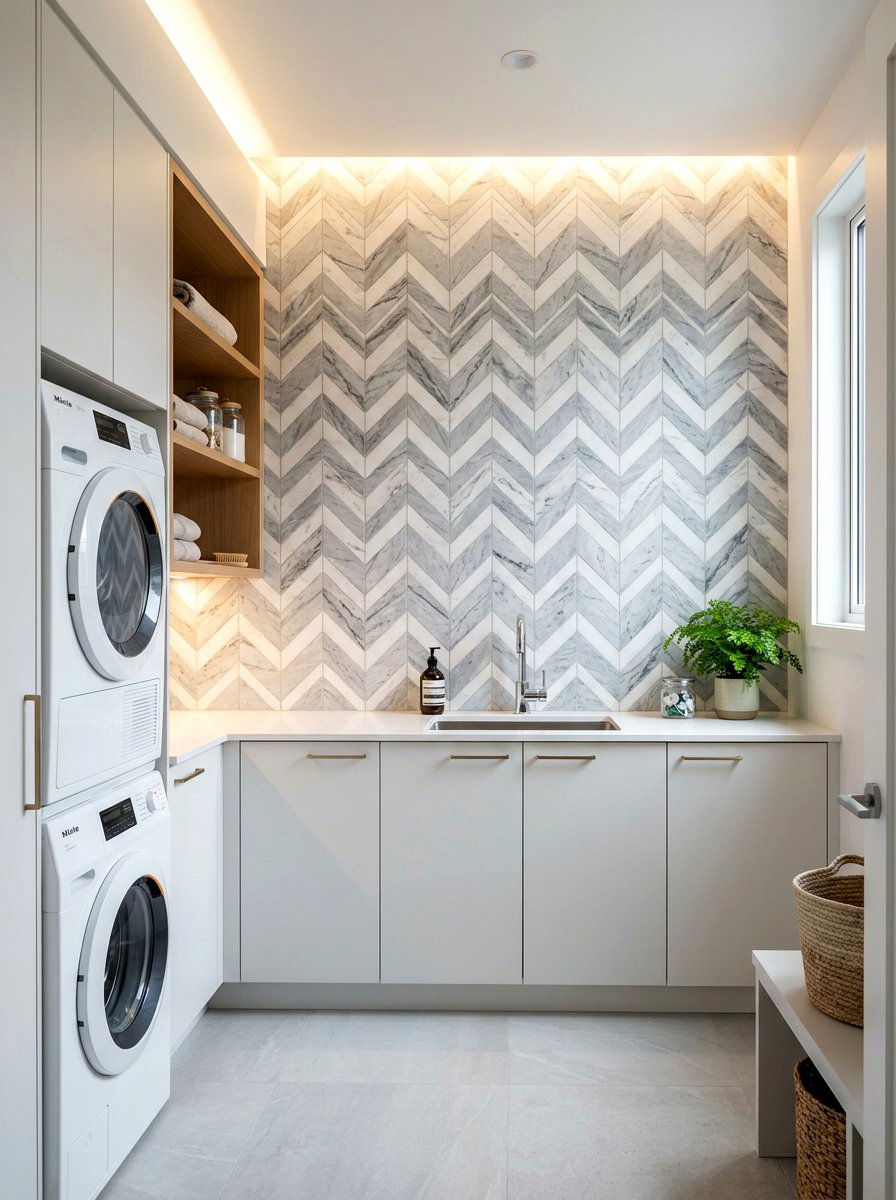 Chevron tile laundry wall - 30 laundry room backsplash ideas