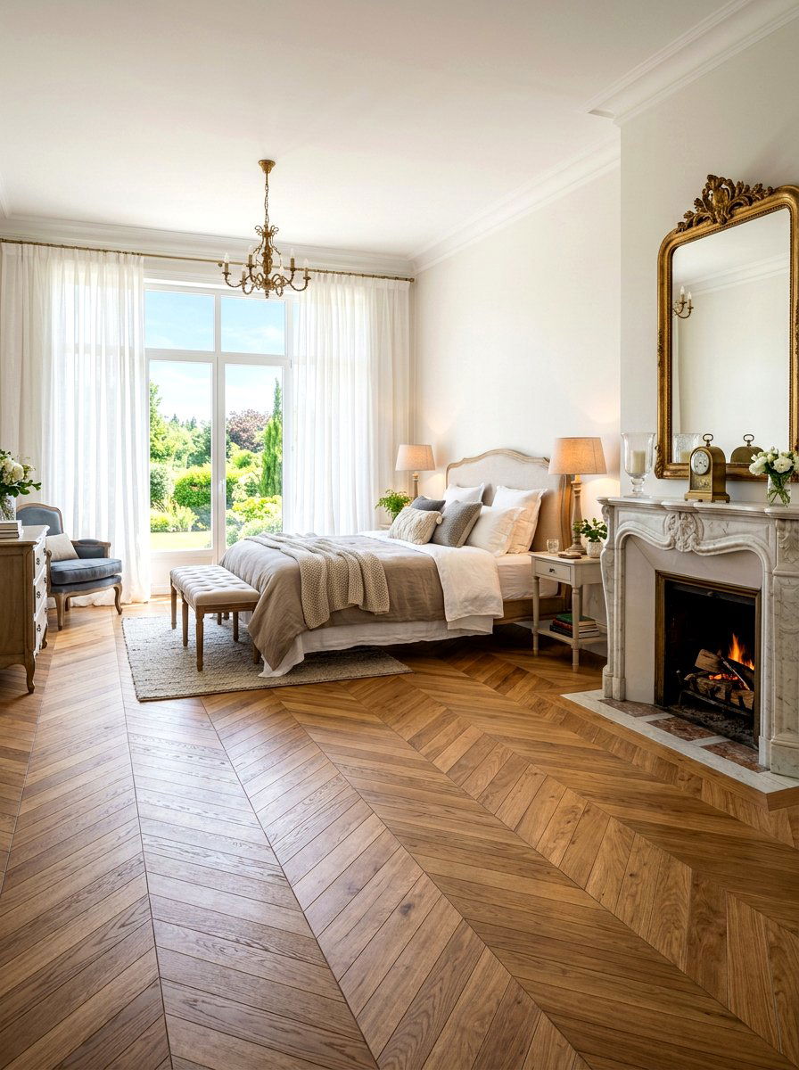 Chevron wood floor - 30 Parisian hotel bedroom ideas