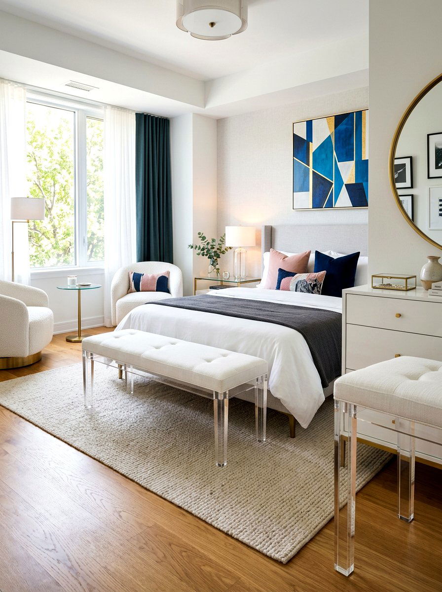 Chic Bedroom With Lucite Bench - 30 bedroom bench ideas