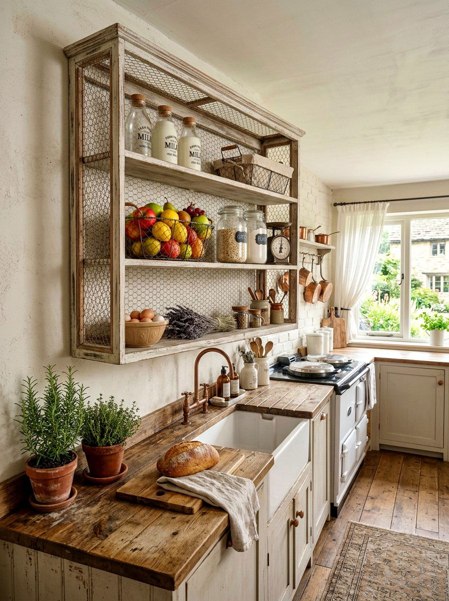 Chicken Wire Wall Shelf - 30 French cottage kitchen shelf ideas