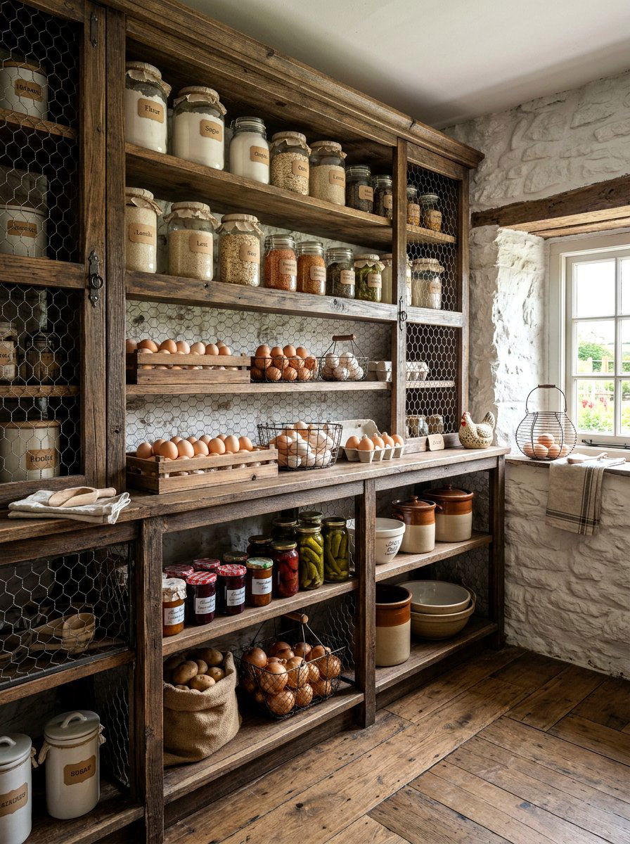 Chicken Wire Wall Shelves - 30 vintage kitchen shelf ideas