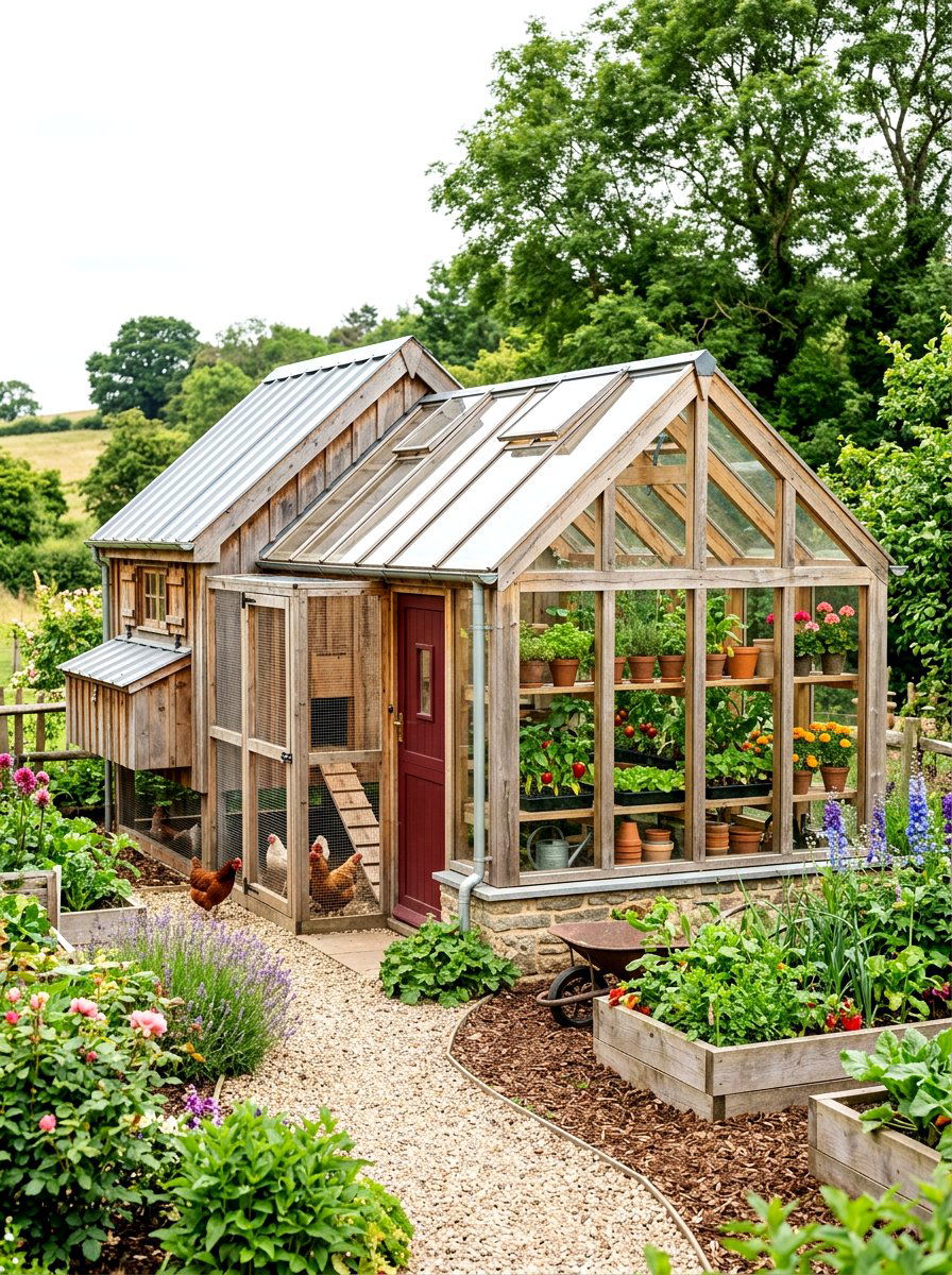 Chicken coop with attached greenhouse - 30 backyard coop garden ideas