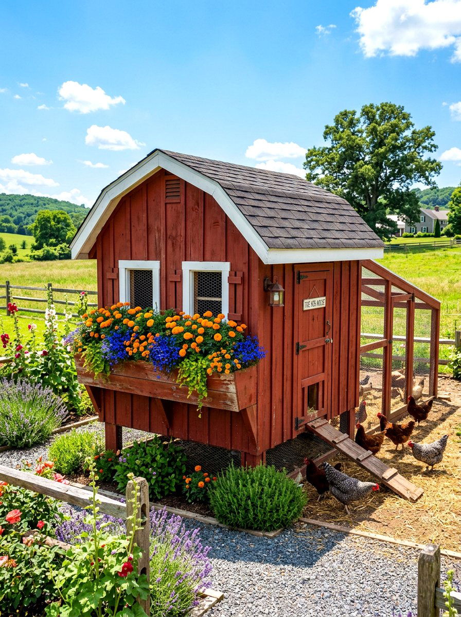 Chicken coop with flower boxes - 30 backyard coop garden ideas