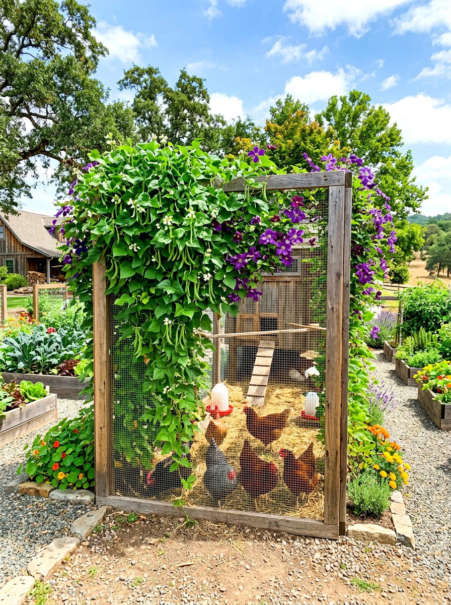 Chicken run with vertical garden - 30 backyard coop garden ideas