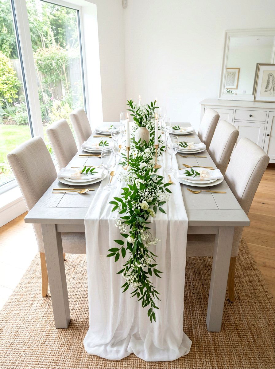 Chiffon and greenery table runner - 30 floral table runner ideas