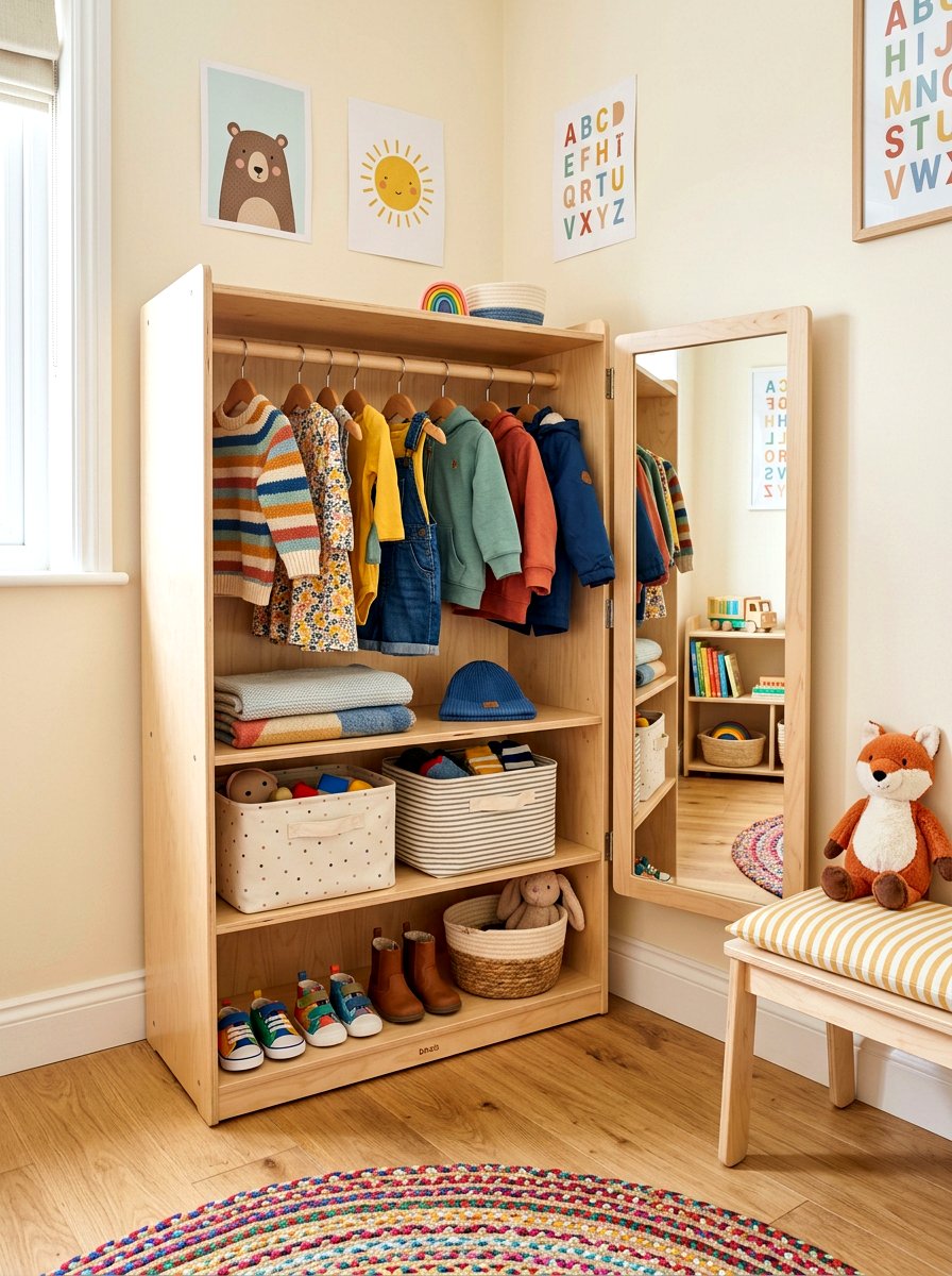Child size wardrobe mirror - 30 Montessori playroom aesthetic ideas